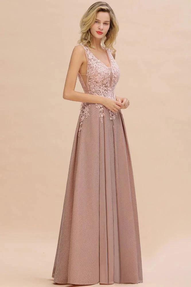 A-Line V-neck Floor-Length Tulle Sequined Prom Dresses by misshow.com
