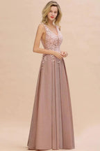 A-Line V-neck Floor-Length Tulle Sequined Prom Dresses by misshow.com