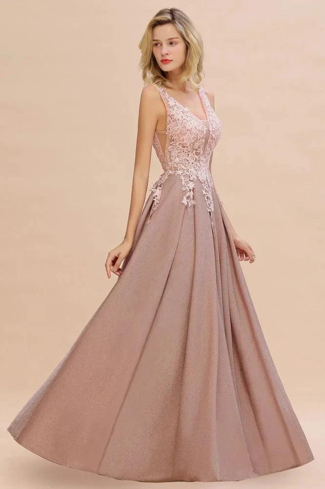A-Line V-neck Floor-Length Tulle Sequined Prom Dresses by misshow.com