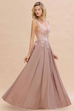 A-Line V-neck Floor-Length Tulle Sequined Prom Dresses by misshow.com