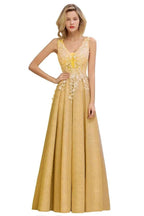 A-Line V-neck Floor-Length Tulle Sequined Prom Dresses by misshow.com