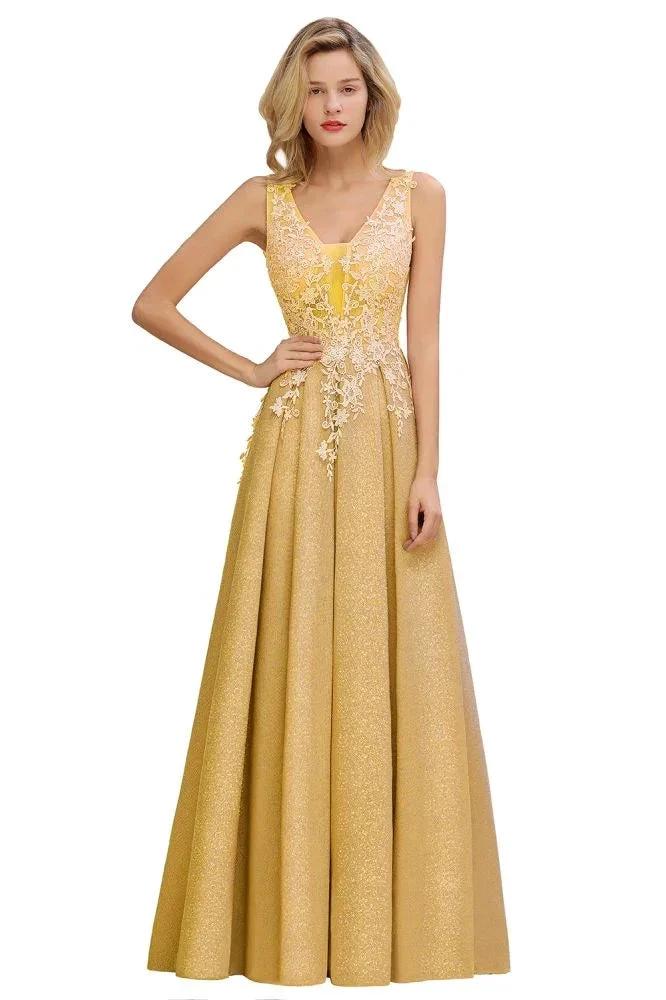A-Line V-neck Floor-Length Tulle Sequined Prom Dresses by misshow.com