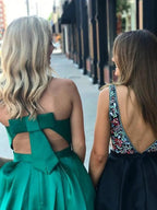 A-line V Neck Green Satin Short Prom Dresses with Pockets Open Back Homecoming Graduation Dress by BIZTUNNEL