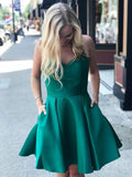 A-line V Neck Green Satin Short Prom Dresses with Pockets Open Back Homecoming Graduation Dress by BIZTUNNEL