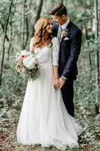 A-Line V-Neck Half Sleeves Backless Tulle Wedding Dress with Appliques WD370 by pgmdress