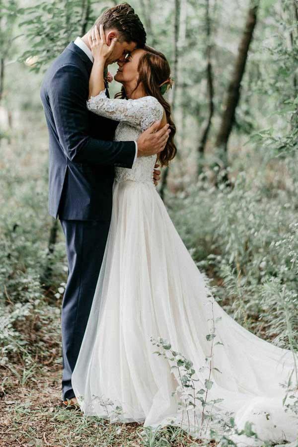 A-Line V-Neck Half Sleeves Backless Tulle Wedding Dress with Appliques WD370 by pgmdress