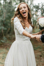 A-Line V-Neck Half Sleeves Backless Tulle Wedding Dress with Appliques WD370 by pgmdress