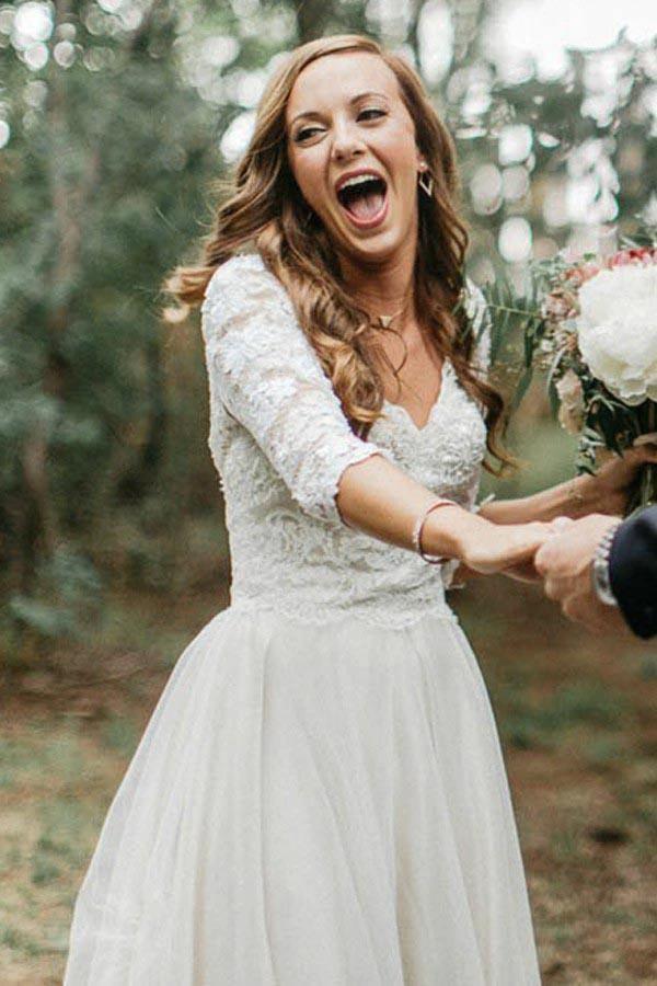 A-Line V-Neck Half Sleeves Backless Tulle Wedding Dress with Appliques WD370 by pgmdress