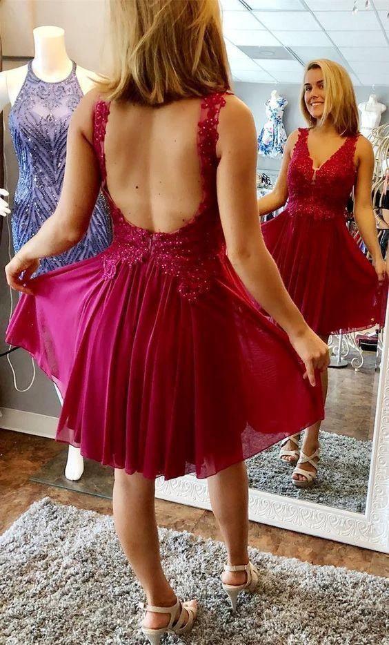 A-line V-neck Homecoming Dress Backless Short Prom Dress PD401 by pgmdress