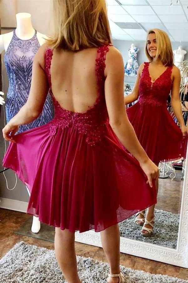 A-line V-neck Homecoming Dress Backless Short Prom Dress PD401 by pgmdress