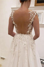 A Line V Neck Ivory Lace Fairy Long Wedding Dresses with Appliques WD382 by pgmdress