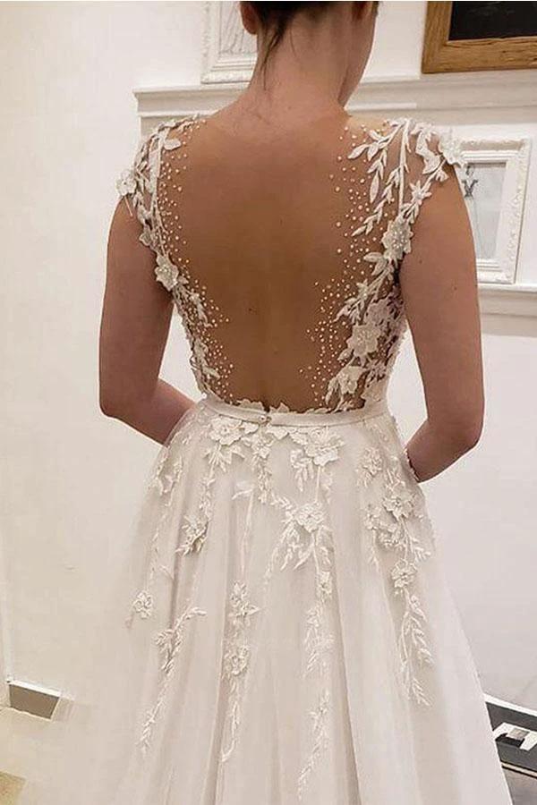A Line V Neck Ivory Lace Fairy Long Wedding Dresses with Appliques WD382 by pgmdress