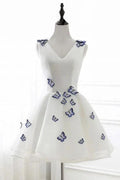 A-Line V-Neck Ivory Organza Homecoming Dress with Appliques PD138 by pgmdress