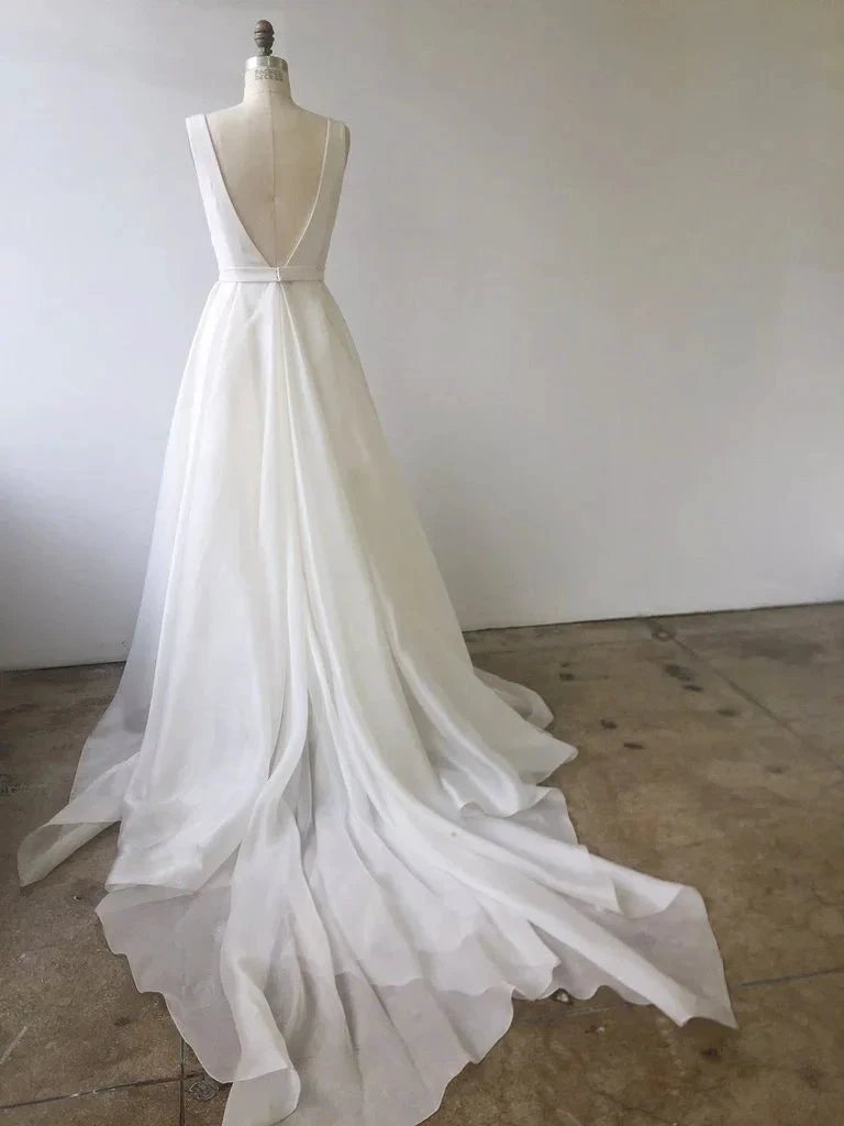 A-line V Neck Ivory Prom Dresses Wedding Dresses With Court Train PM233 by pgmdress