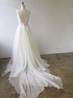 A-line V Neck Ivory Prom Dresses Wedding Dresses With Court Train PM233 by pgmdress