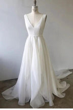 A-line V Neck Ivory Prom Dresses Wedding Dresses With Court Train PM233 by pgmdress