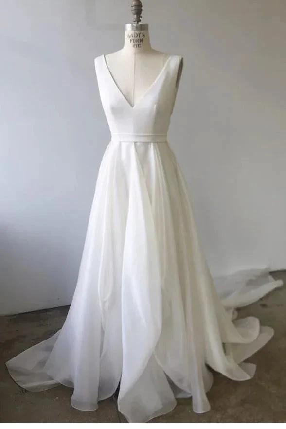 A-line V Neck Ivory Prom Dresses Wedding Dresses With Court Train PM233 by pgmdress