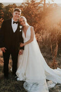A-line V Neck Ivory Satin Simple Elegant Wedding Dresses WD488 by pgmdress