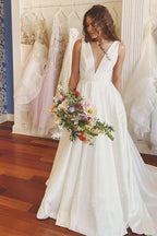A-line V Neck Ivory Satin Simple Elegant Wedding Dresses WD488 by pgmdress