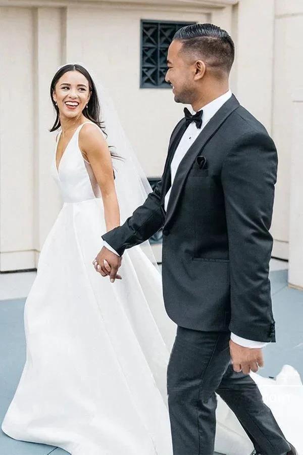 A-line V Neck Ivory Satin Simple Elegant Wedding Dresses WD488 by pgmdress