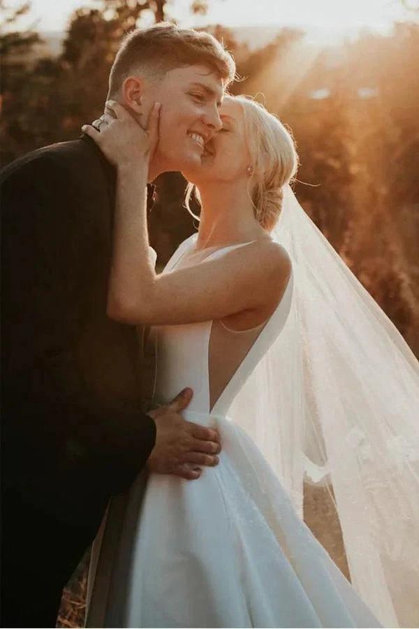 A-line V Neck Ivory Satin Simple Elegant Wedding Dresses WD488 by pgmdress