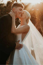 A-line V Neck Ivory Satin Simple Elegant Wedding Dresses WD488 by pgmdress