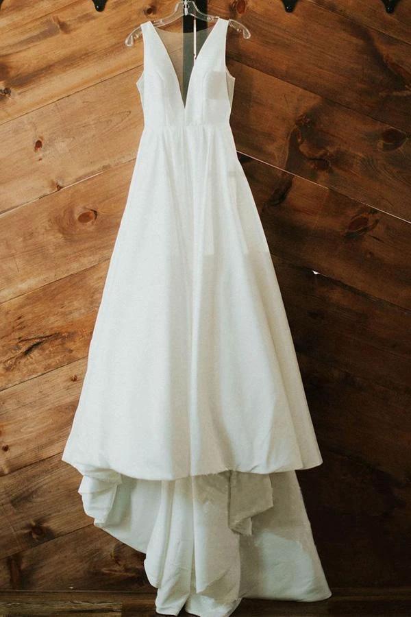 A-line V Neck Ivory Satin Simple Elegant Wedding Dresses WD488 by pgmdress