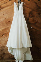 A-line V Neck Ivory Satin Simple Elegant Wedding Dresses WD488 by pgmdress