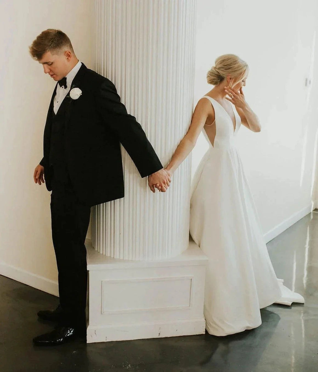 A-line V Neck Ivory Satin Simple Elegant Wedding Dresses WD488 by pgmdress