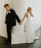 A-line V Neck Ivory Satin Simple Elegant Wedding Dresses WD488 by pgmdress