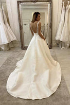 A-Line V-neck Ivory Satin Simple Wedding Dress Backless Bridal Gowns WD470 by pgmdress