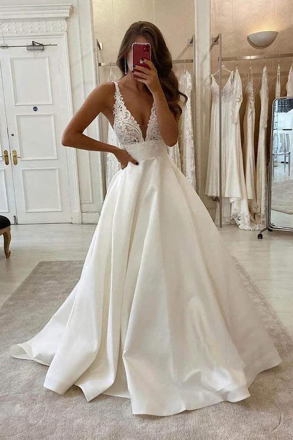 A-Line V-neck Ivory Satin Simple Wedding Dress Backless Bridal Gowns WD470 by pgmdress