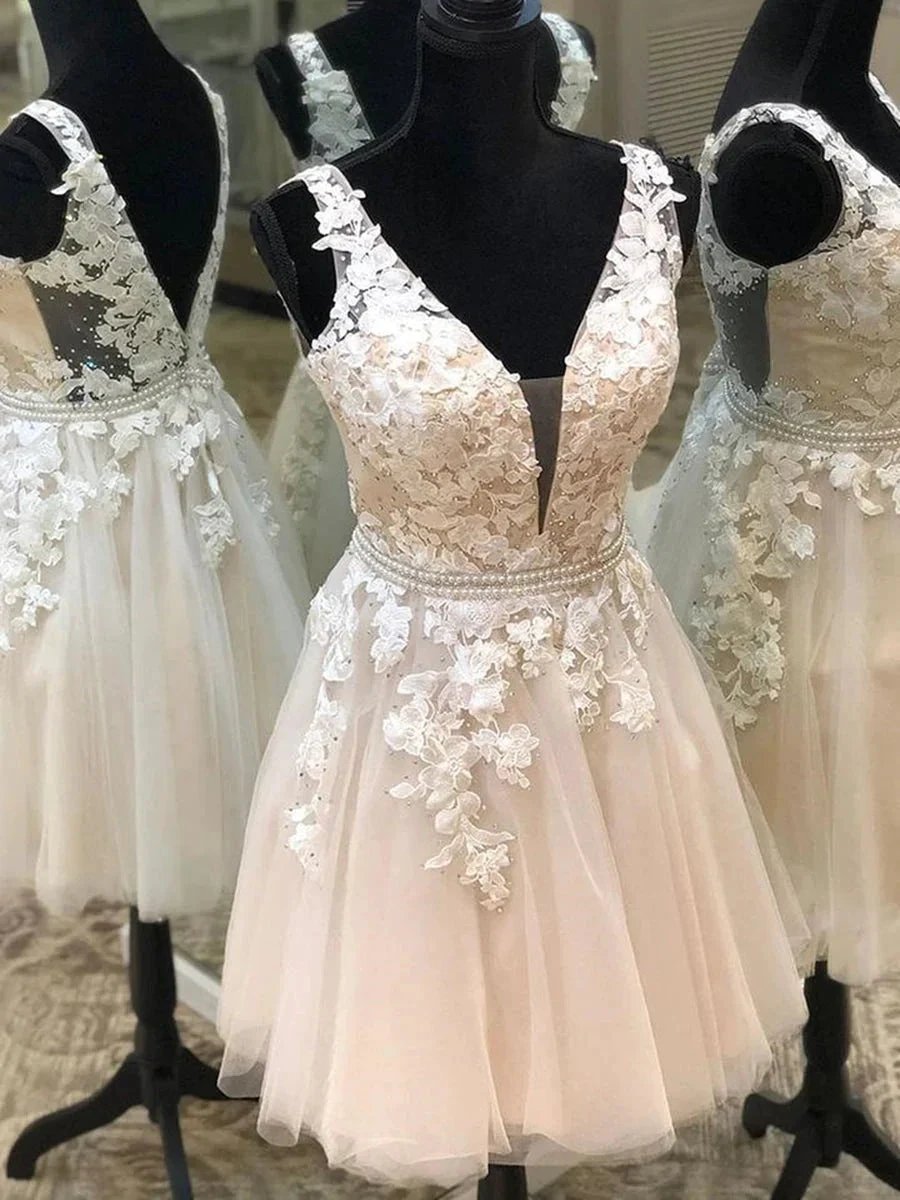 A-line V Neck Lace Floral Short Prom Dresses Backless Formal Graduation Homecoming Dresses by BIZTUNNEL