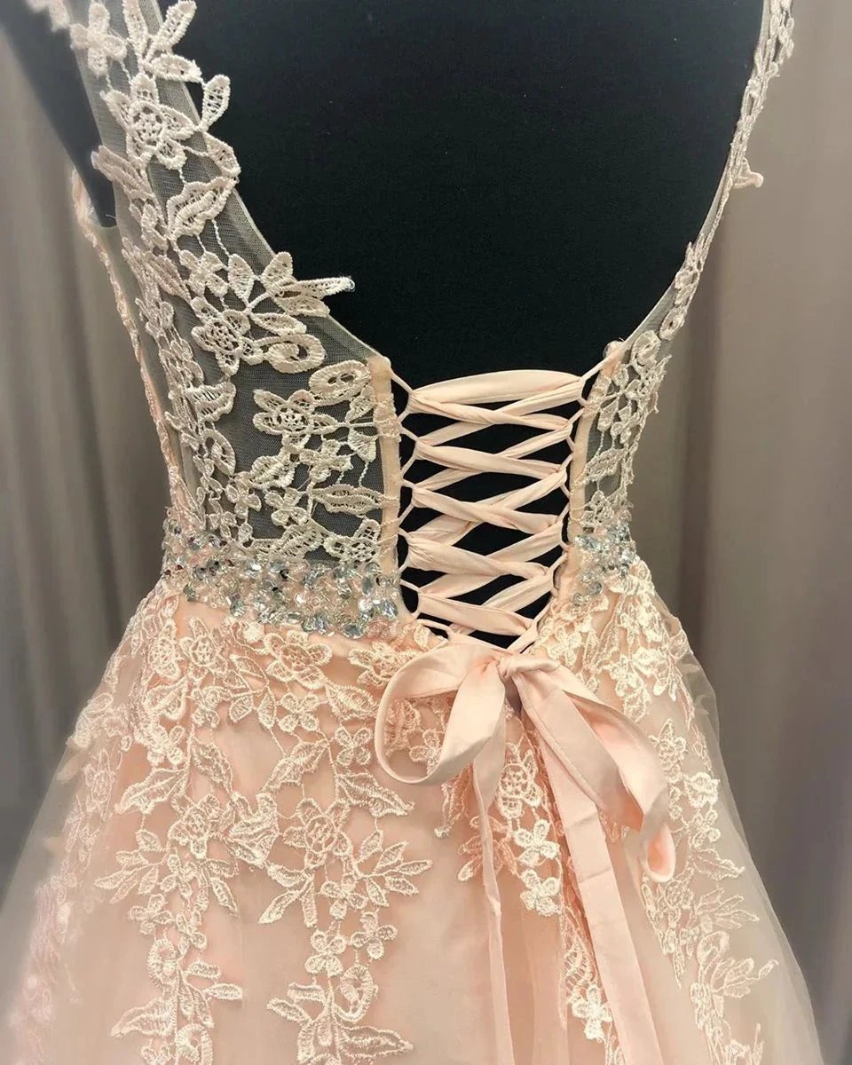 A Line V Neck Lace Long Formal Graduation Evening Prom Dresses with Belt by BIZTUNNEL