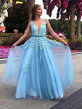A Line V Neck Lace Long Prom Dresses Tulle Formal Evening Gowns by BIZTUNNEL