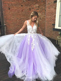 A Line V Neck Lace Long Prom Dresses Tulle Formal Evening Gowns by BIZTUNNEL