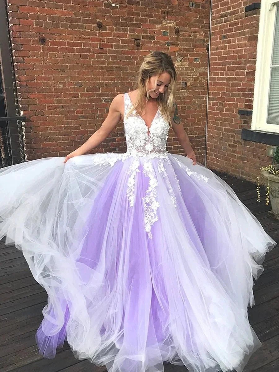 A Line V Neck Lace Long Prom Dresses Tulle Formal Evening Gowns by BIZTUNNEL