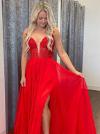 A-line V Neck Lace Long Prom Dresses with Slit Red Chiffon Formal Graduation Evening Gowns by BIZTUNNEL