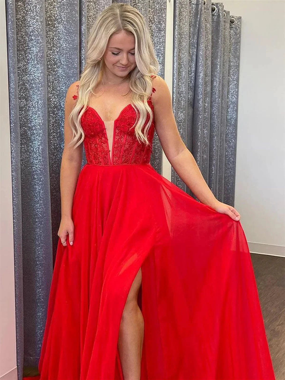 A-line V Neck Lace Long Prom Dresses with Slit Red Chiffon Formal Graduation Evening Gowns by BIZTUNNEL