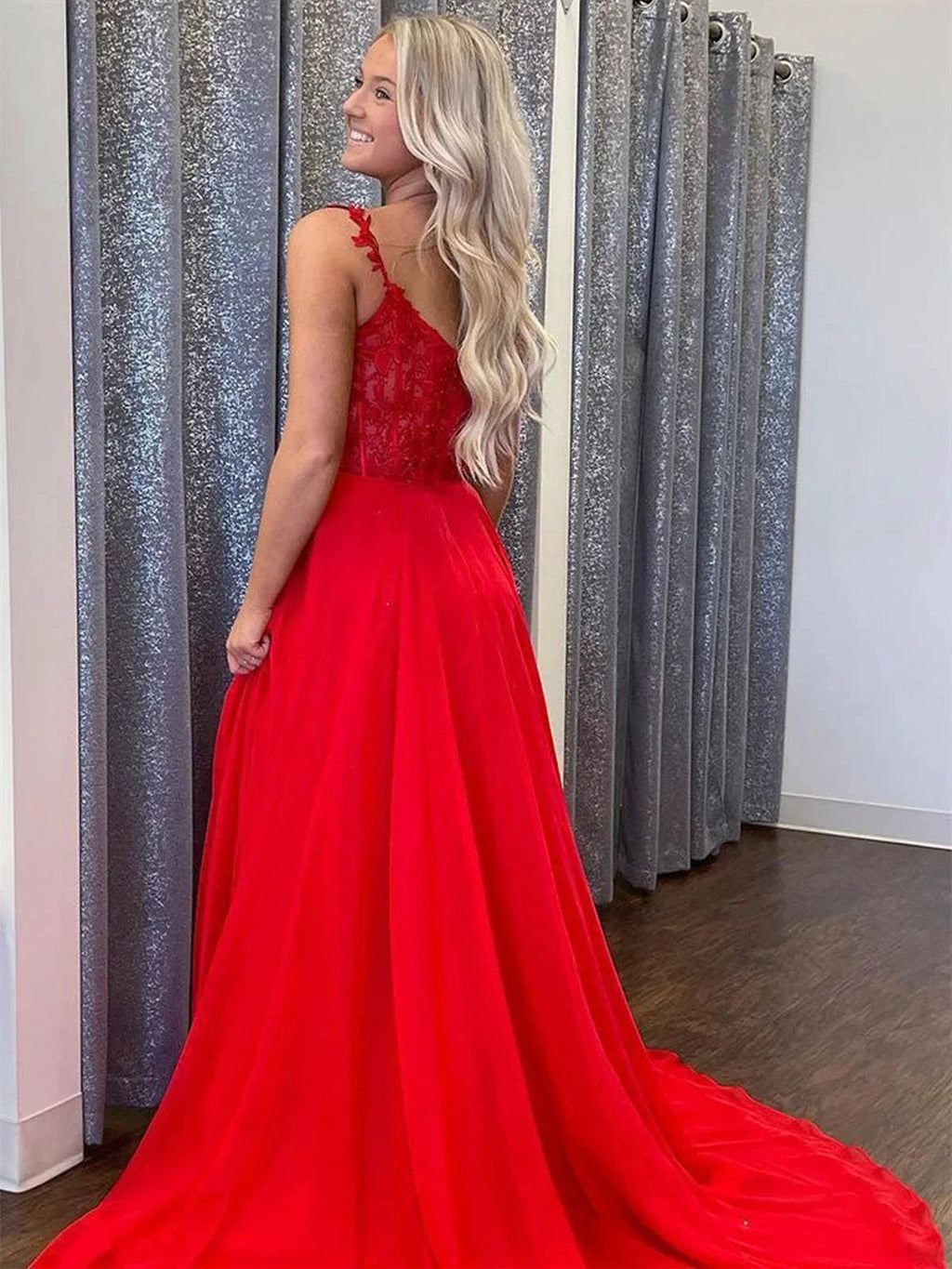 A-line V Neck Lace Long Prom Dresses with Slit Red Chiffon Formal Graduation Evening Gowns by BIZTUNNEL