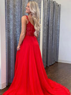 A-line V Neck Lace Long Prom Dresses with Slit Red Chiffon Formal Graduation Evening Gowns by BIZTUNNEL