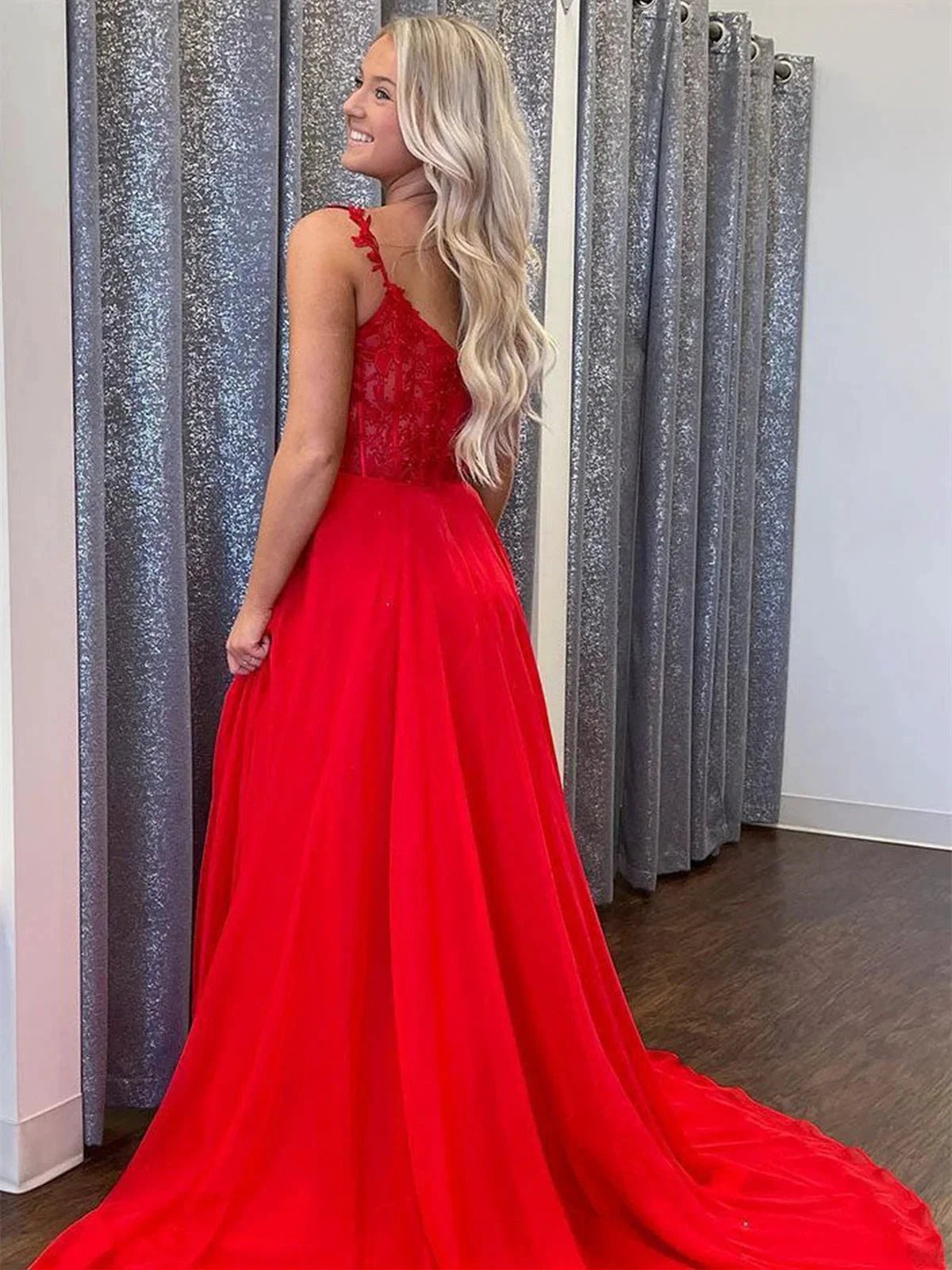 A-line V Neck Lace Long Prom Dresses with Slit Red Chiffon Formal Graduation Evening Gowns by BIZTUNNEL
