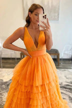 A-line V Neck Layered Tulle Long Prom Dresses Orange Formal Evening Gowns by BIZTUNNEL