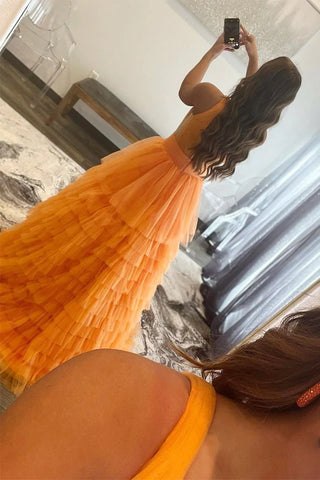 A-Linie V-Ausschnitt Lagen Tüll Lange Ballkleider Orange Formale Abendkleider