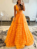 A-line V Neck Layered Tulle Long Prom Dresses Orange Formal Evening Gowns by BIZTUNNEL