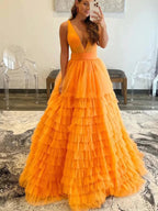 A-line V Neck Layered Tulle Long Prom Dresses Orange Formal Evening Gowns by BIZTUNNEL
