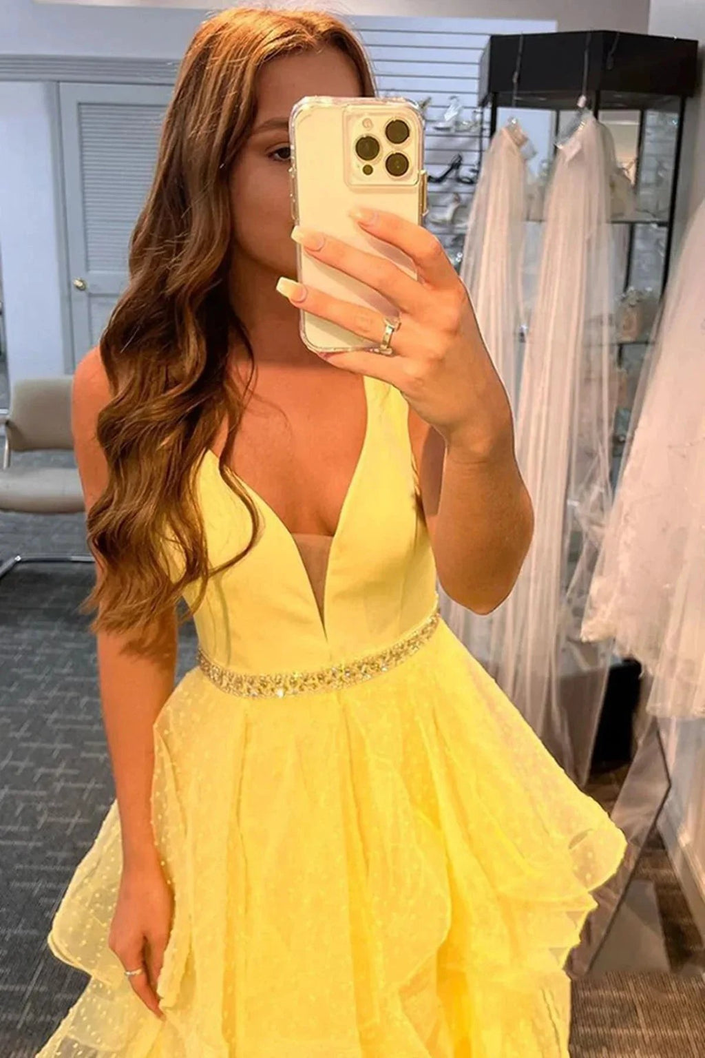 A-line V Neck Layered Tulle Long Prom Dresses with Belt Yellow Formal Graduation Evening Gowns by BIZTUNNEL
