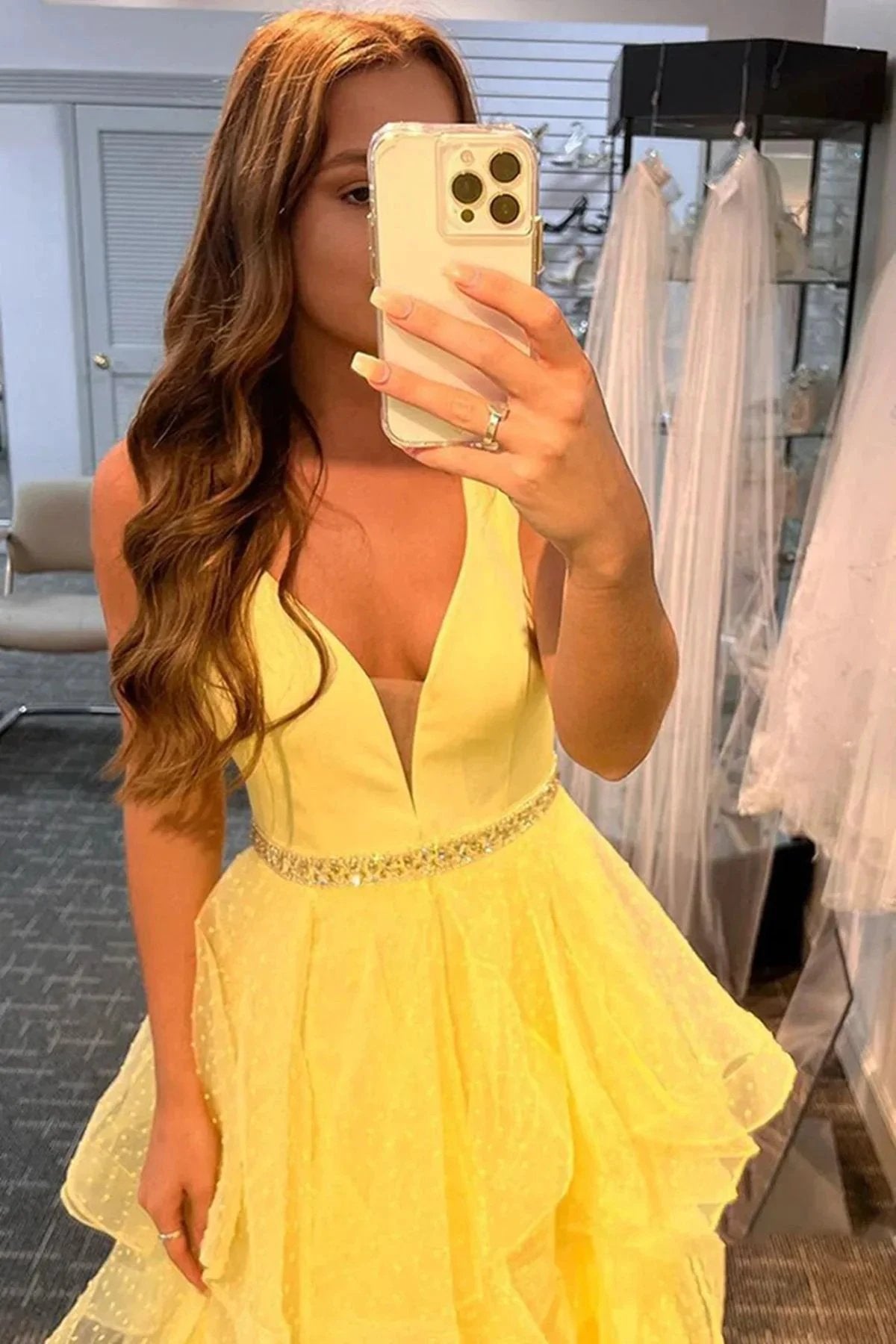 A-line V Neck Layered Tulle Long Prom Dresses with Belt Yellow Formal Graduation Evening Gowns by BIZTUNNEL