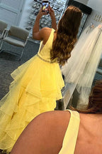 A-line V Neck Layered Tulle Long Prom Dresses with Belt Yellow Formal Graduation Evening Gowns by BIZTUNNEL
