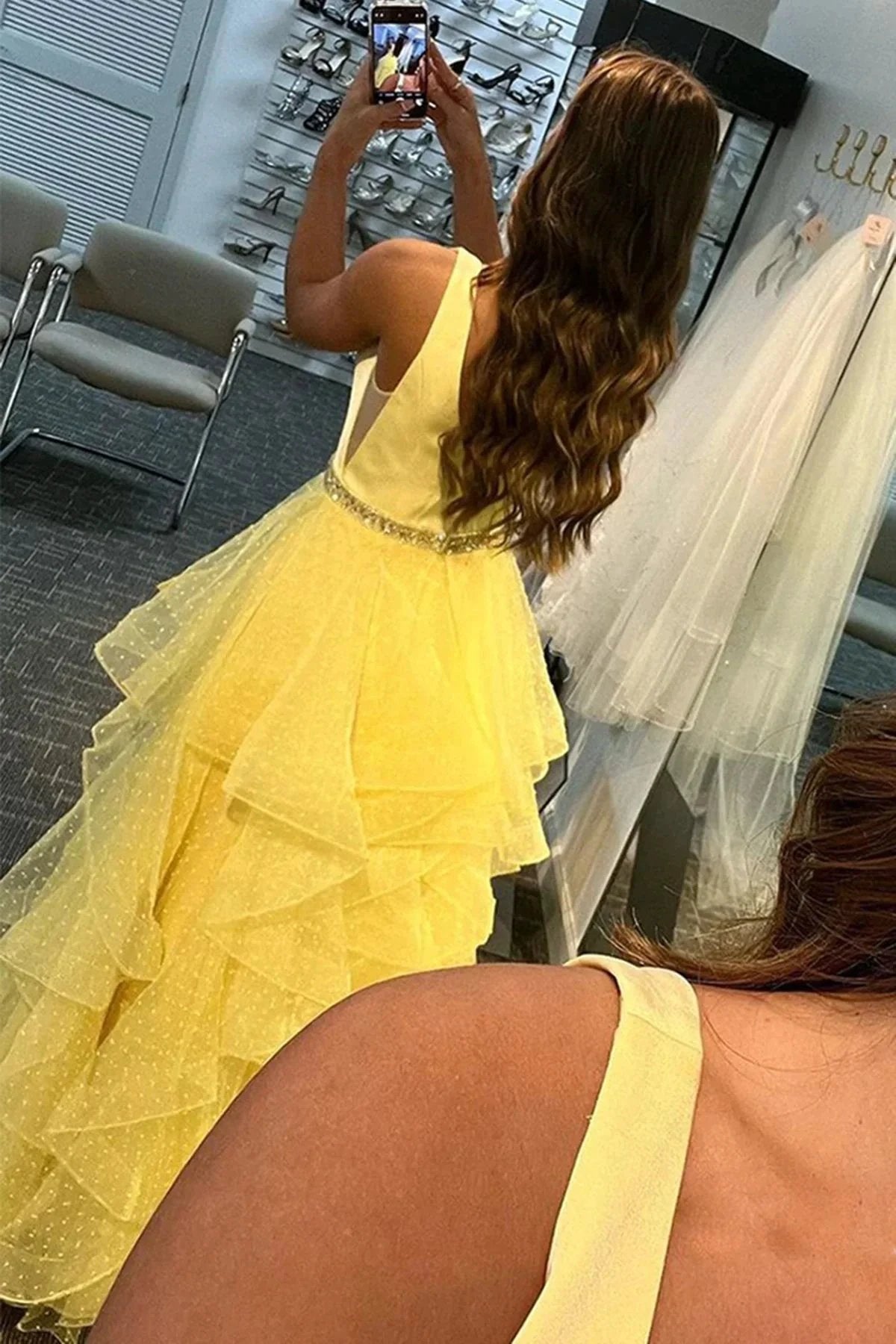 A-line V Neck Layered Tulle Long Prom Dresses with Belt Yellow Formal Graduation Evening Gowns by BIZTUNNEL